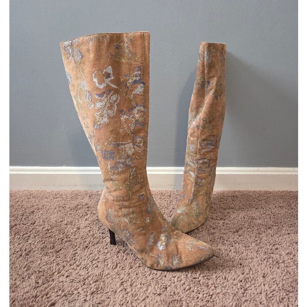 Cami leather floral printed leather knee high tall boots heeled pointed toe 8.5